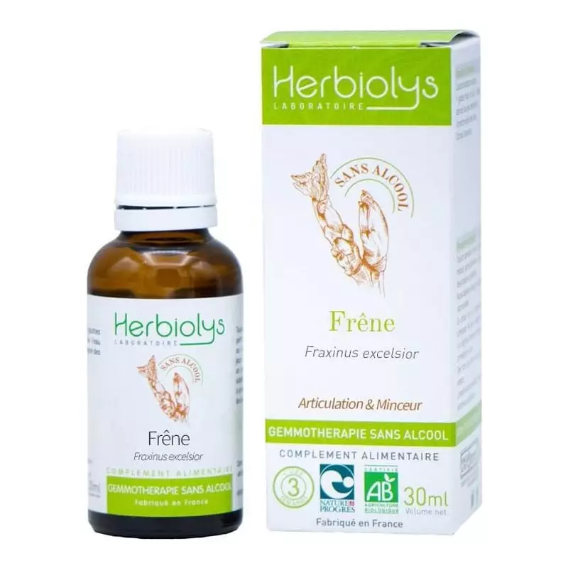 Macérat de bourgeons de frêne bio Herbiolys sans alcool, flacon en verre brun avec compte-gouttes