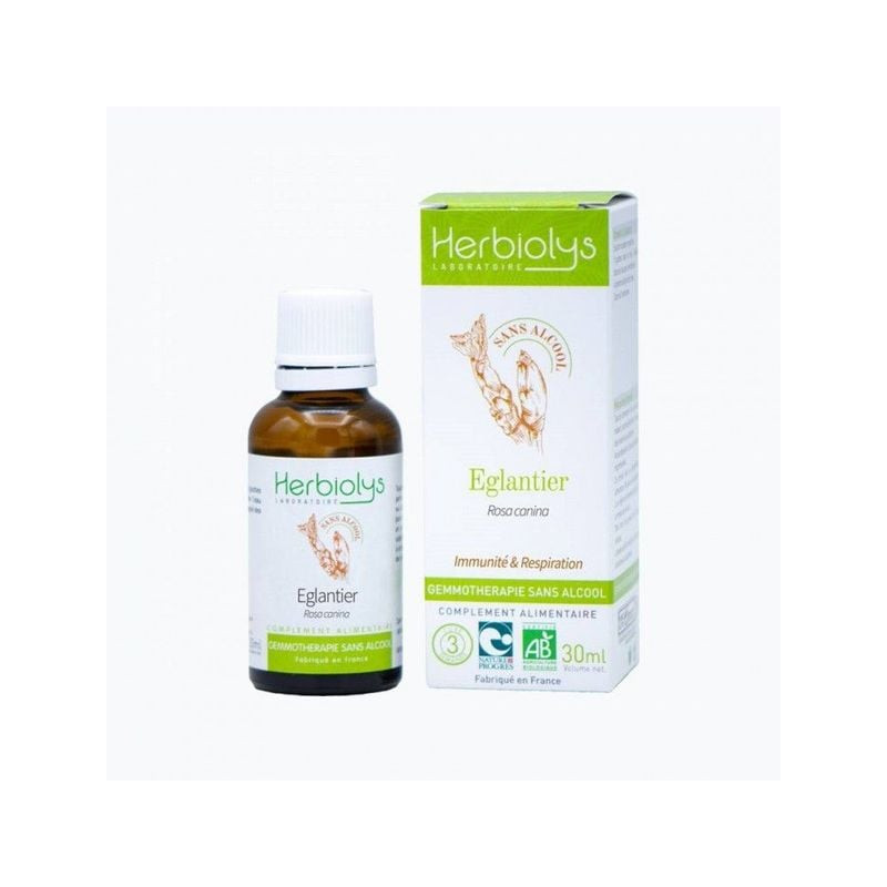 Macérat de bourgeons d'églantier bio Herbiolys 2074410 – vue de face du flacon en verre avec étiquet