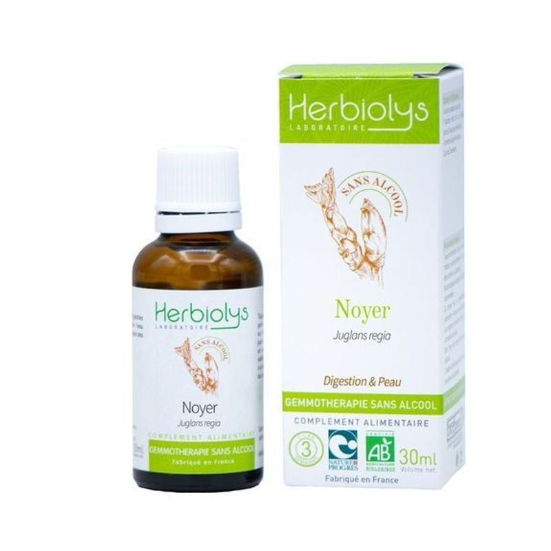 Flacon compte-gouttes en verre de macérât de bourgeons de noyer bio Herbiolys sans alcool, sur fond 