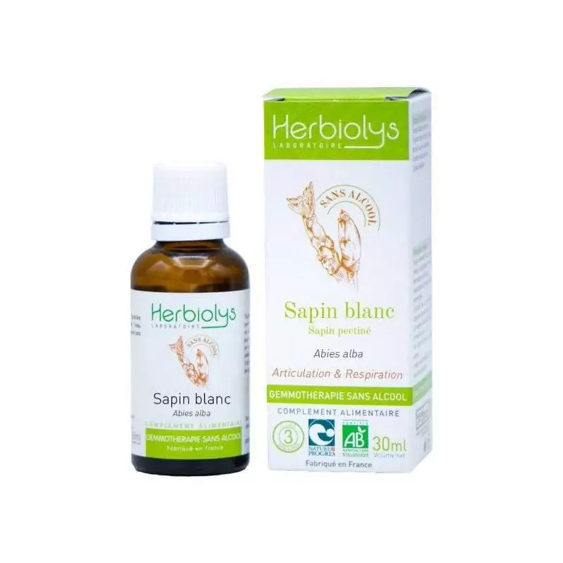 Packshot du flacon Herbiolys 2074417 : macérat de bourgeons de sapin blanc bio sans alcool sur fond 