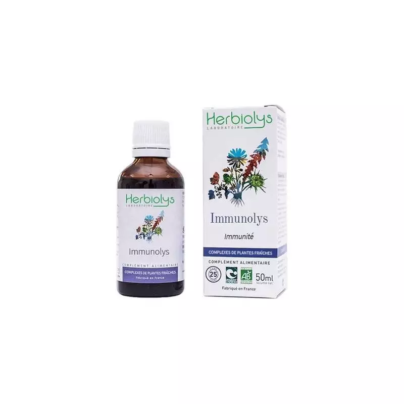 Complément alimentaire bio Herbiolys Immunolys dans un flacon en verre de 50 ml, vue de face, avec é