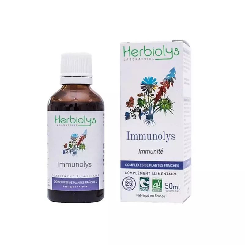Complément alimentaire bio Herbiolys Immunolys, flacon en verre 50 ml, vue latérale avec logo.