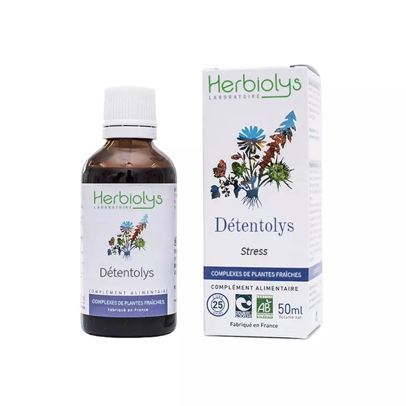 Packshot du flacon Herbiolys Complexe Détentolys plantes fraîches bio - 50 ml, avec compte-gouttes.