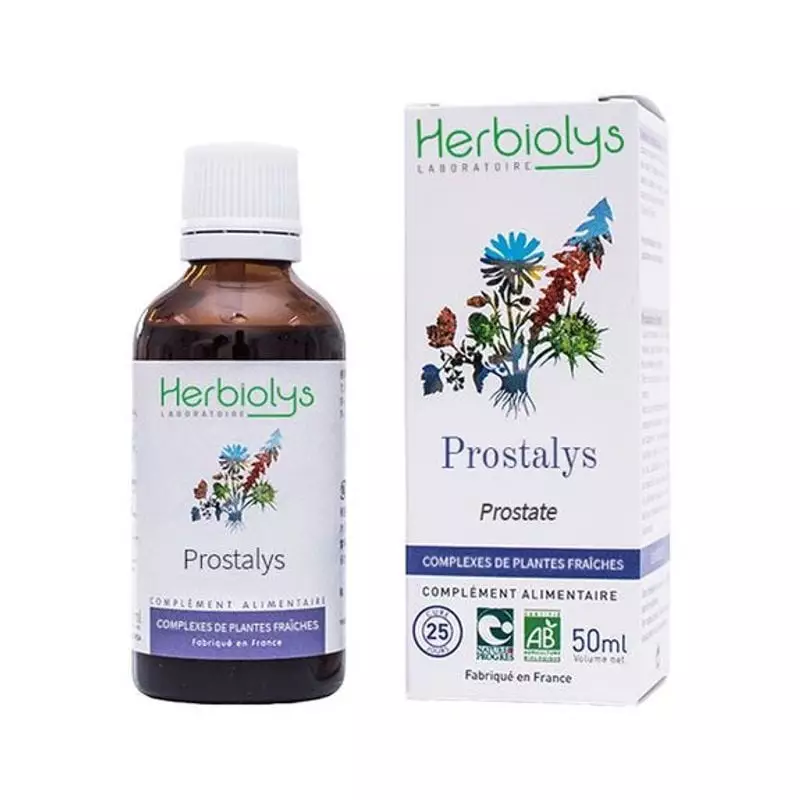 Bouteille du complément bio Herbiolys Prostalys pour prostate, vue de face avec étiquette et bienfai
