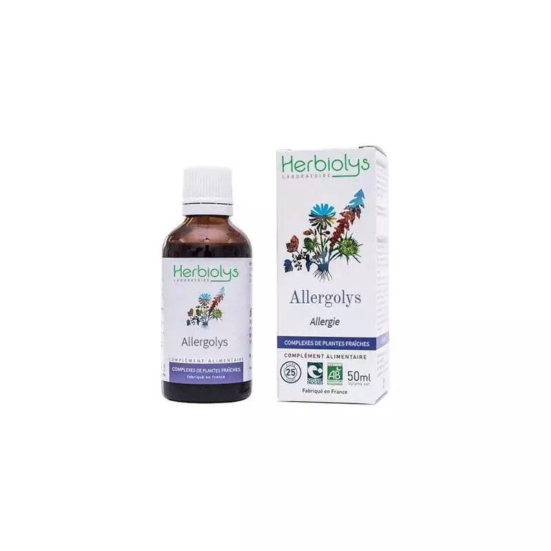 Flacon en verre de 50 ml du complexe bio Herbiolys Allergolys de bourgeons et plantes fraîches