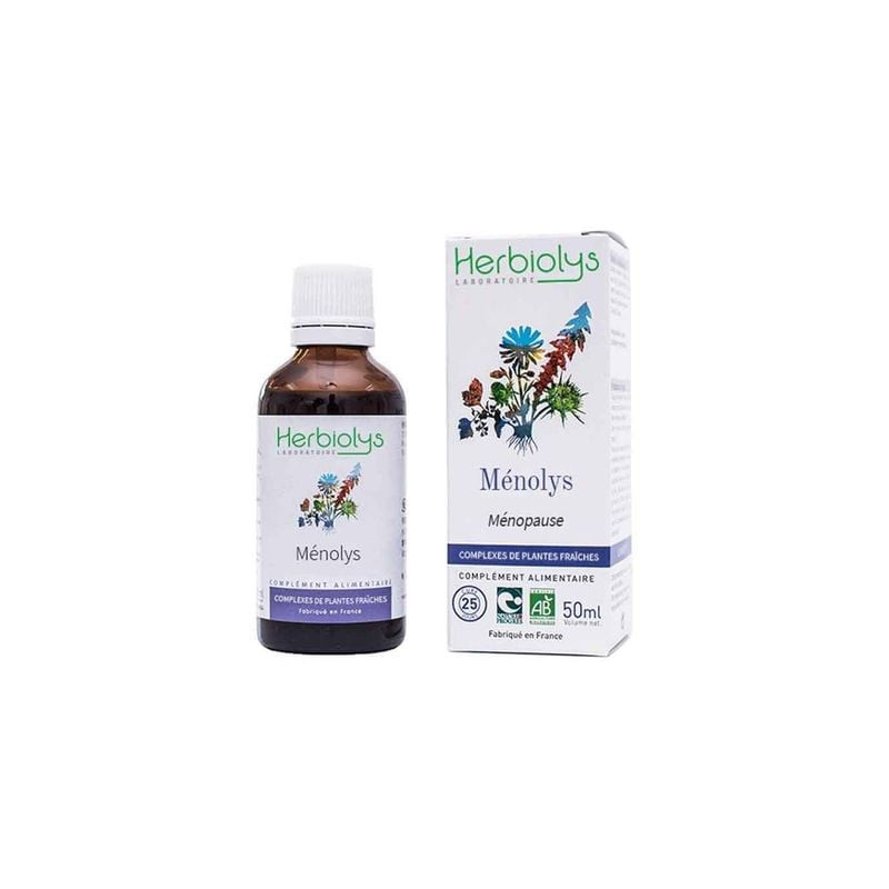 Packshot du complément Herbiolys Ménolys BIO montrant le flacon et l'emballage sur fond naturel.