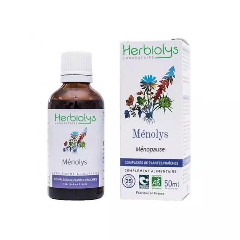 Flacon et boîte du complément Herbiolys Ménolys BIO, mettant en avant le label bio et les ingrédient