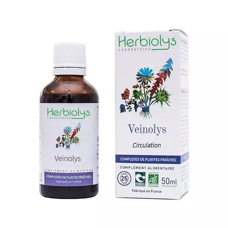 Packshot de Herbiolys Veinolys complexe plantes fraîches bio - 50 ml, flacon avec compte-gouttes.