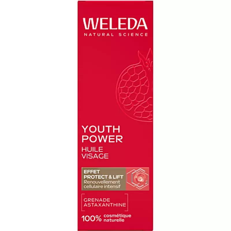 Flacon Weleda Youth Power huile visage grenade anti-âge - 30 ml présenté sur fond neutre.