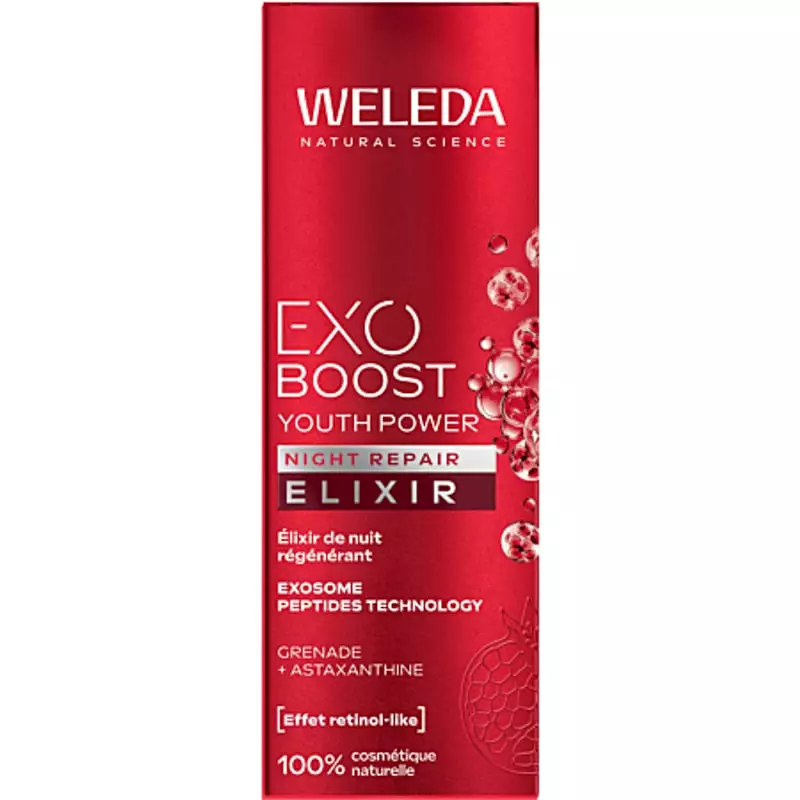 Packshot du sérum élixir de nuit régénérant Weleda Youth Power 2094374 dans son emballage.