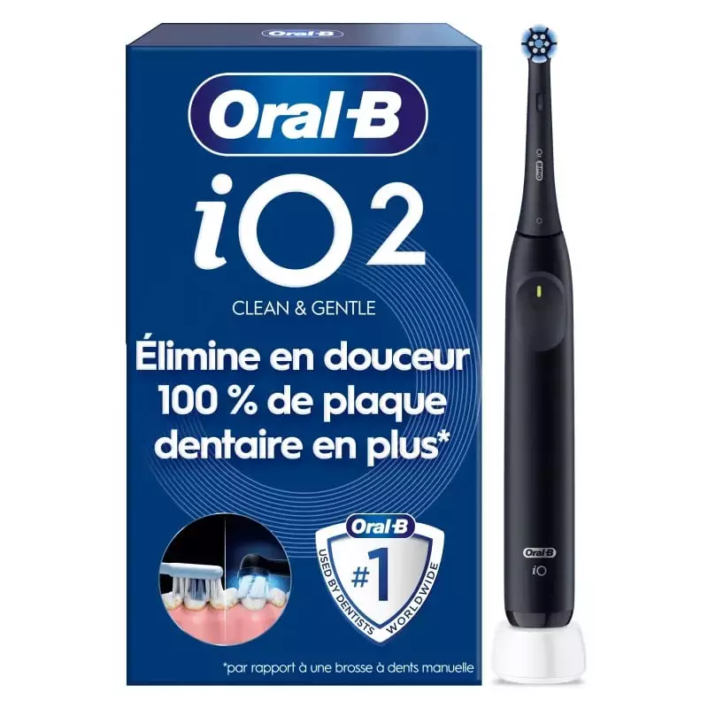 Brosse à dents électrique Oral-B iO2 noire, vue de face avec tête ronde fixée