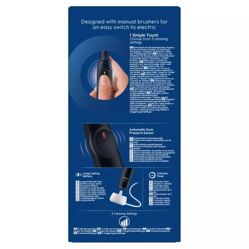 Vue latérale de la brosse à dents électrique Oral-B iO2 noire avec bouton d'alimentation et manche f