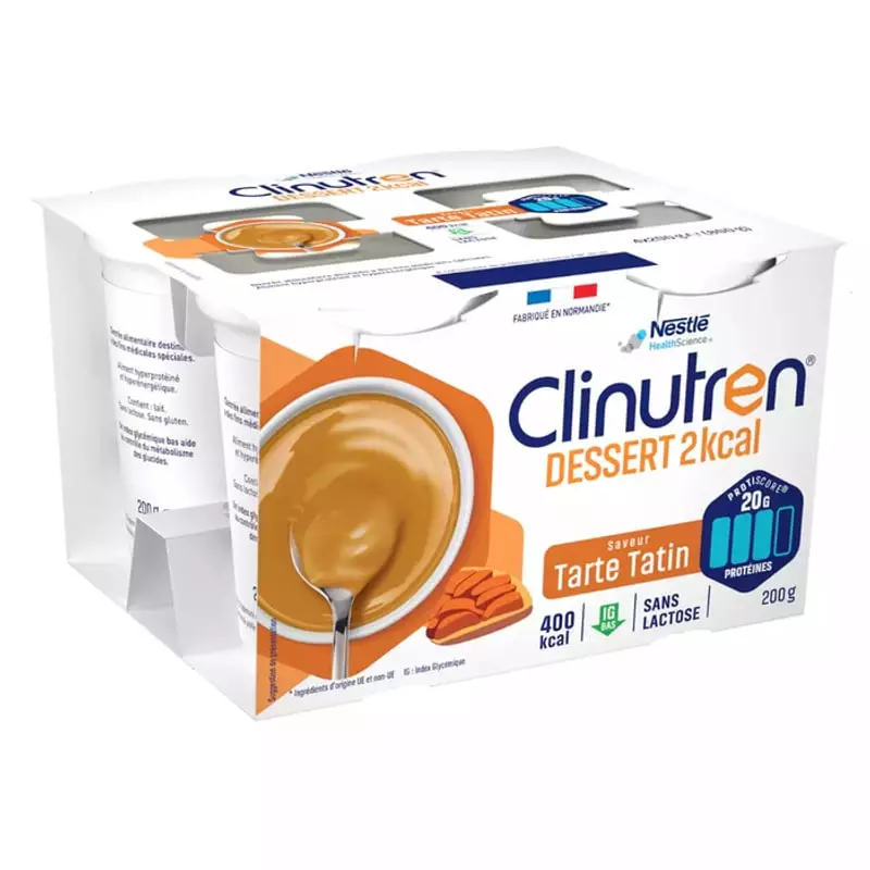 Packshot de Clinutren Dessert HP/HC+ 2 kcal Tarte Tatin, 4 pots de 200 g de dessert nutritionnel cré