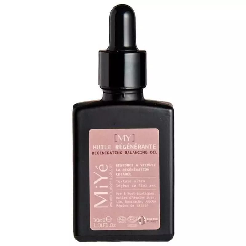 Huile régénérante MiYé 30 ml en flacon avec pipette sur fond beige, packaging épuré.