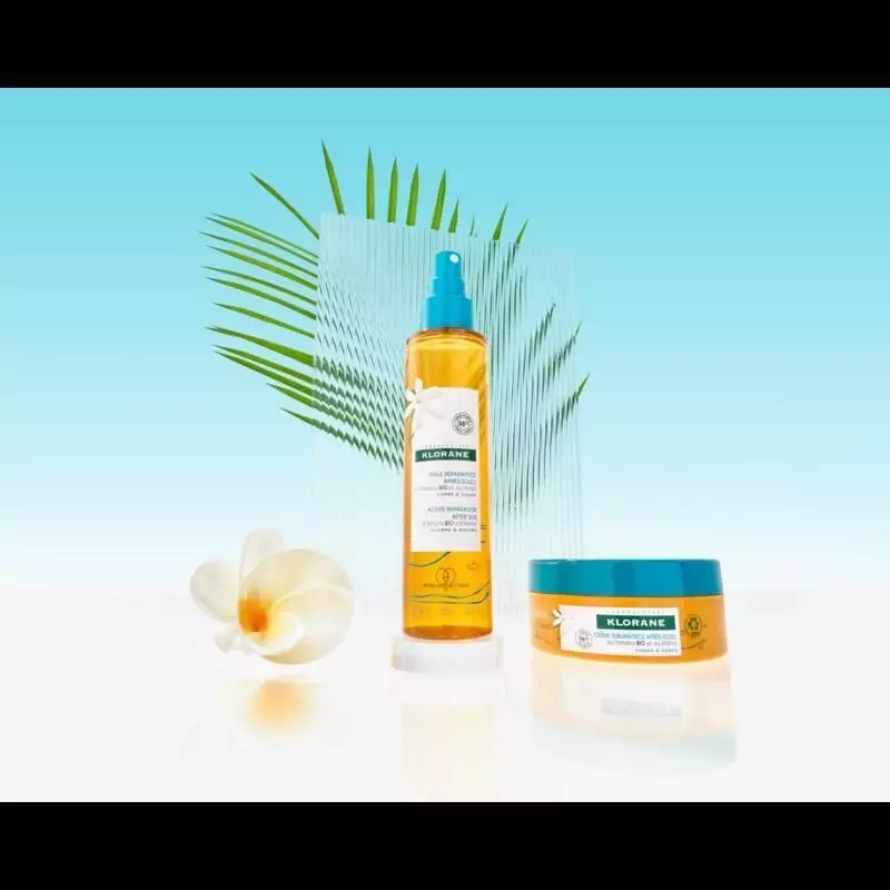 Klorane Huile après-soleil réparatrice Tamanu BIO et Monoï - 150 ml dans une ambiance estivale.