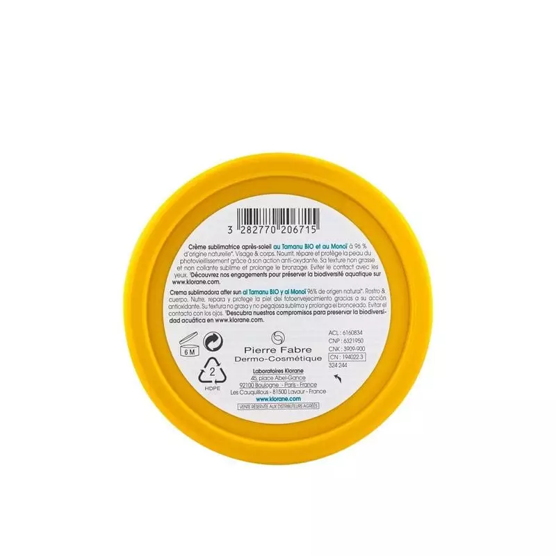Packshot arrière de la crème après-soleil Klorane 2094341 montrant les bienfaits et ingrédients