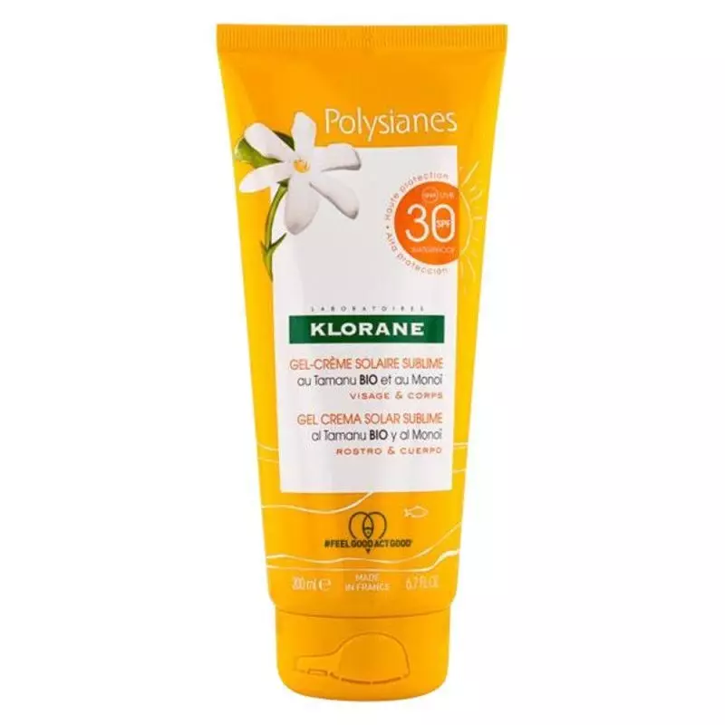Packshot du tube de gel-crème solaire sublime SPF30 Klorane Polysianes, montrant l'emballage