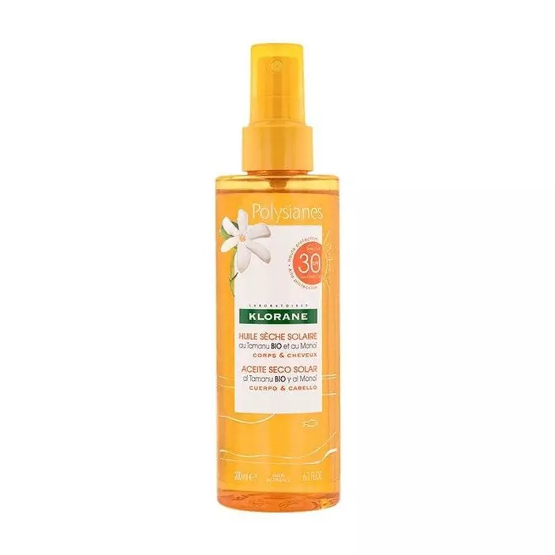 Packshot de l'huile solaire sèche en spray Klorane 2094334 SPF30 au Monoï et au Tamanu BIO, flacon b