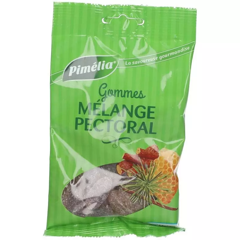 Packshot des gommes Pimélia Mélange Pectoral en boîte, avec du miel et un mélange de plantes pour ap