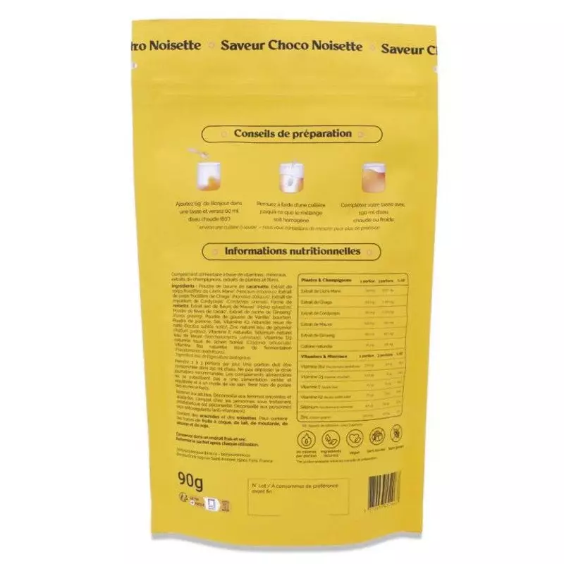 Sachet Bonjour Drink Boisson choco noisette aux champignons - 15 portions, boisson naturelle et gour