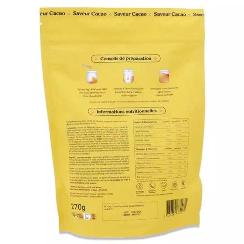 Packshot du sachet Bonjour Drink Cacao champignons adaptogènes bio - 45 portions