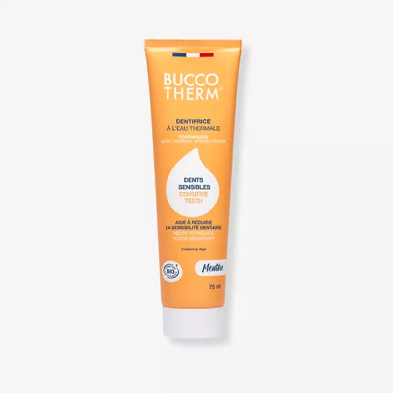Tube de dentifrice Buccotherm 2094311 pour dents sensibles à la menthe, avec certification bio sur f