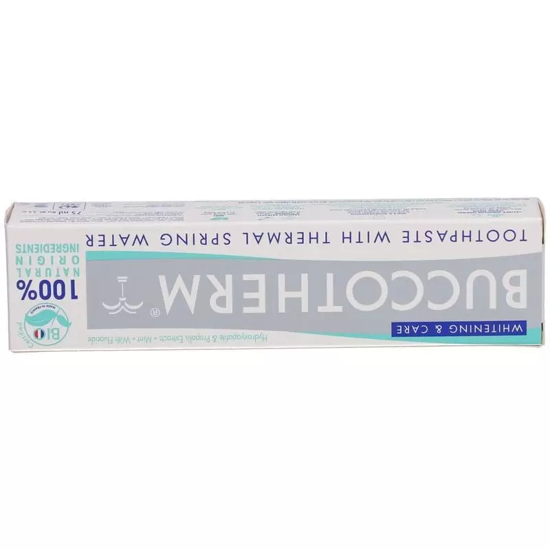 Packshot du Buccotherm Dentifrice Blancheur & Soin BIO - 75 ml, soin blancheur bio.