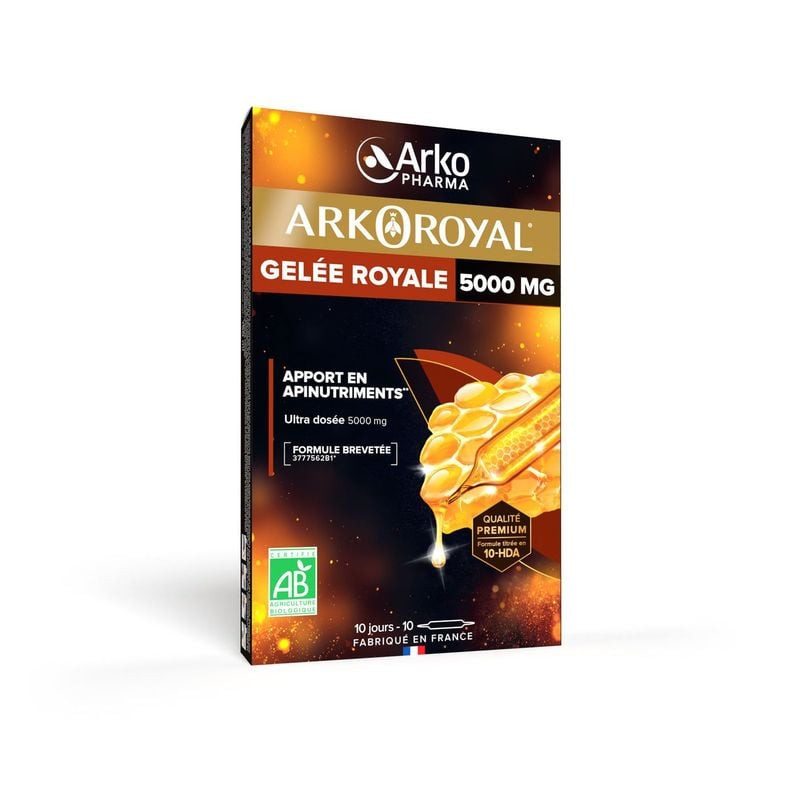 Arkoroyal Gelée Royale BIO 5000 mg – vue de face de la boîte avec 10 ampoules buvables, emballage bl