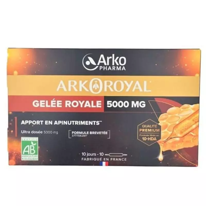 Panneau arrière de la boîte Arkoroyal Gelée Royale BIO 5000 mg indiquant la teneur en 10-HDA et les 