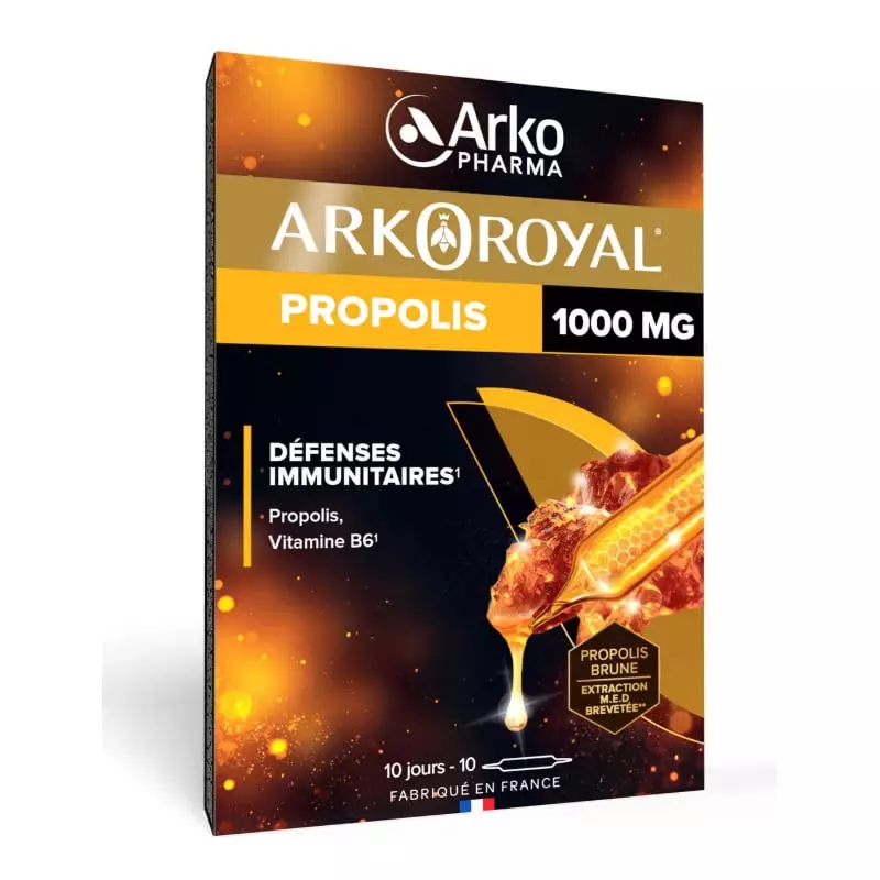 Packshot boîte Arkoroyal Propolis 1000 mg, 10 ampoules, packaging blanc et vert mettant en avant pro