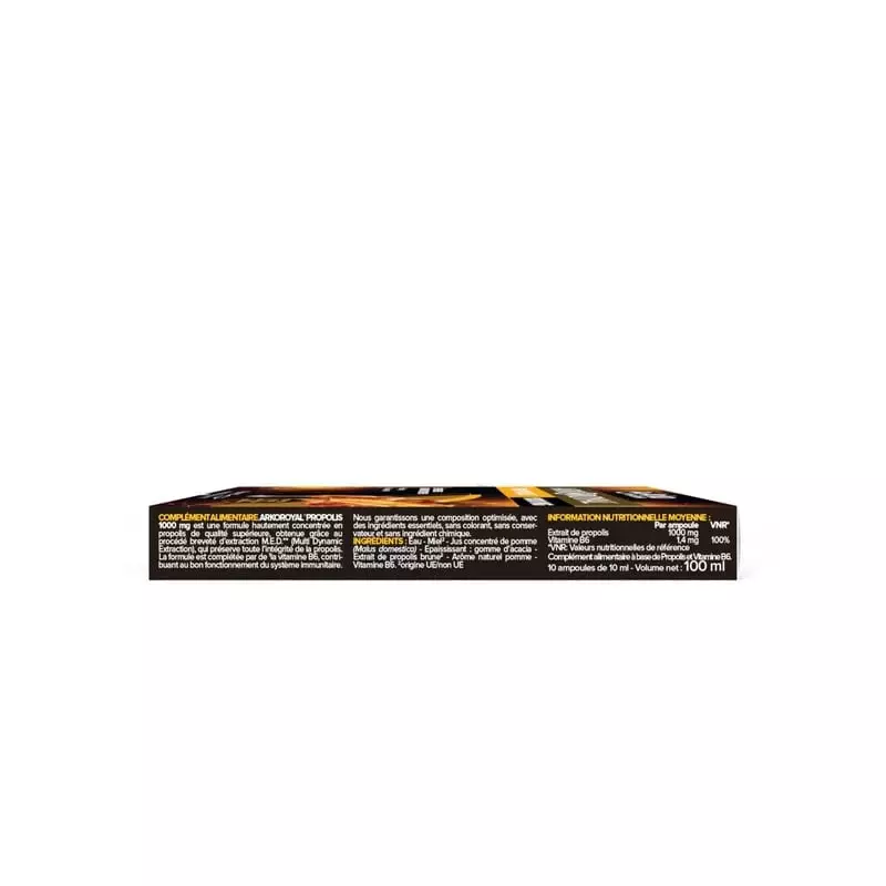 Vue détaillée de l'emballage Arkoroyal Propolis 1000 mg, extraction brevetée M.E.D. et vitamine B6.