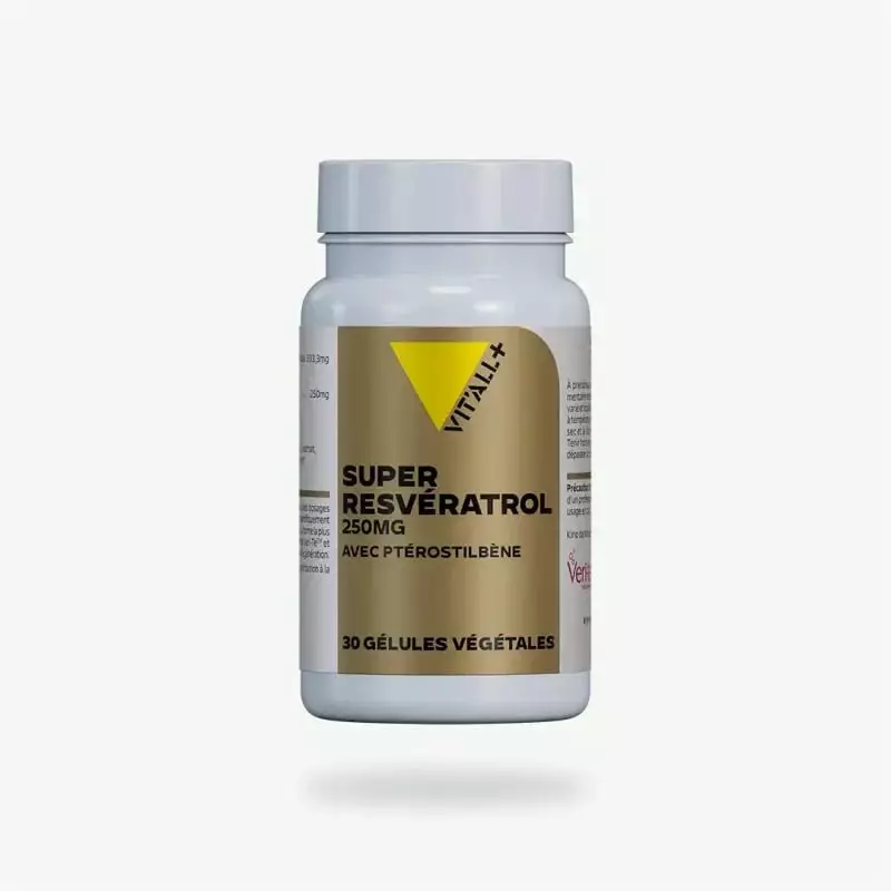 Flacon blanc Vitall+ Super Resvératrol 250mg au Ptérostilbène, étiquette dorée, 30 gélules végétales