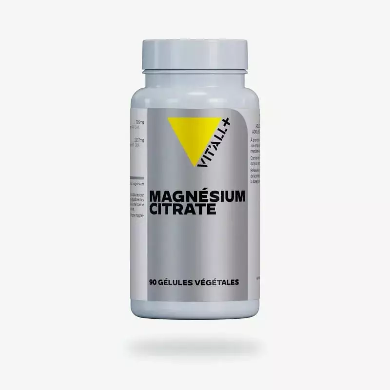 Flacon blanc de complément alimentaire Vitall+ Citrate de Magnésium, 90 gélules végétales, étiquette