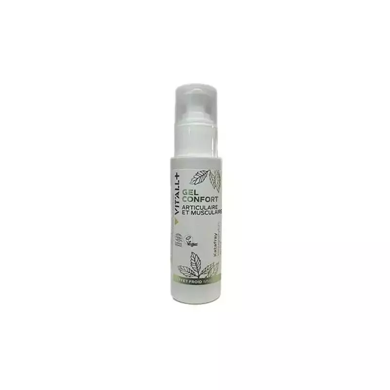 Flacon pompe blanc Vit'All+ Gel Confort Articulaire et Musculaire 100 ml, étiquette feuille verte