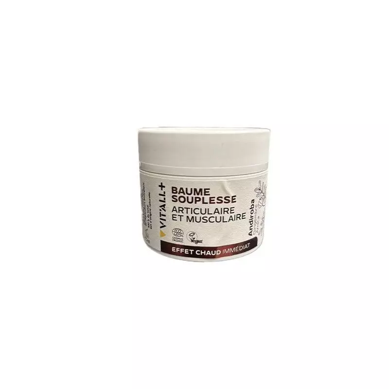 Pot blanc de 50 ml de Baume Souplesse Articulaire et Musculaire Vit'All+ avec étiquette effet chauff