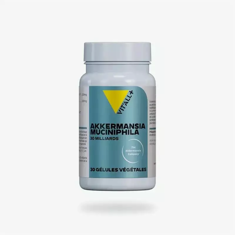 Flacon blanc de complément alimentaire Vitall+ Akkermansia muciniphila 30 milliards, étiquette bleue