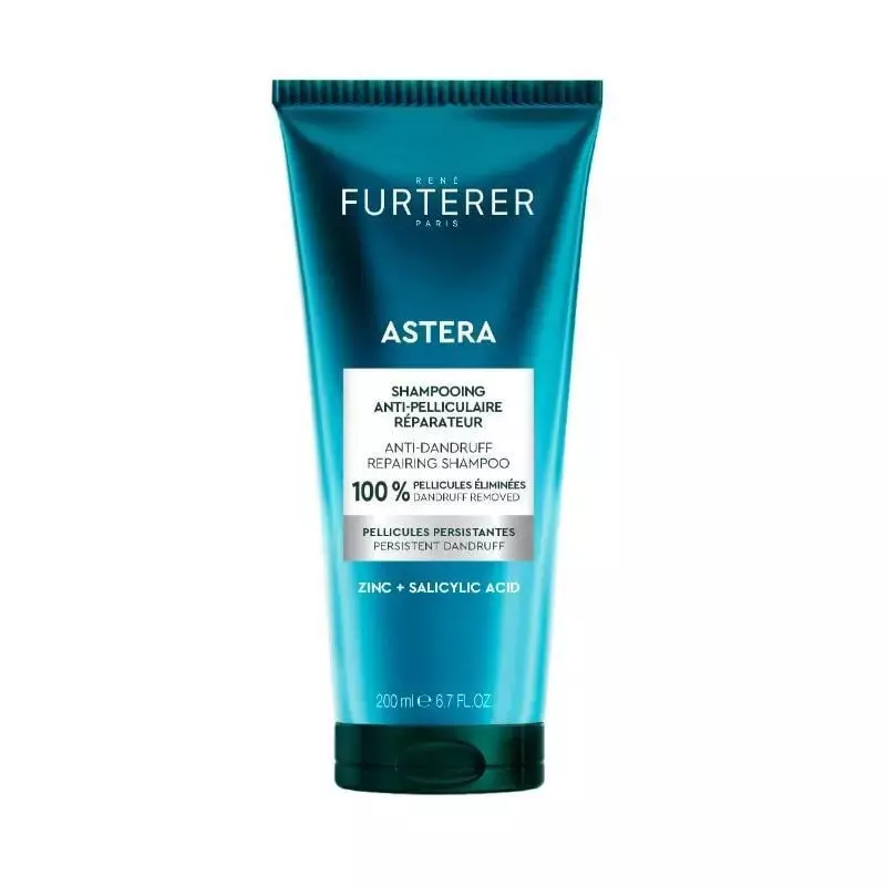 Vue de face du shampoing antipelliculaire René Furterer Astera 200 ml, tube bleu sarcelle, zinc et a
