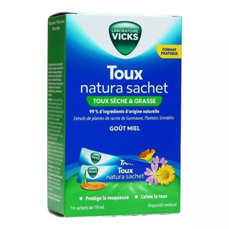 Boîte de sachets Vicks Toux Natura, 14 sachets de 10 ml au goût miel pour toux sèches et grasses