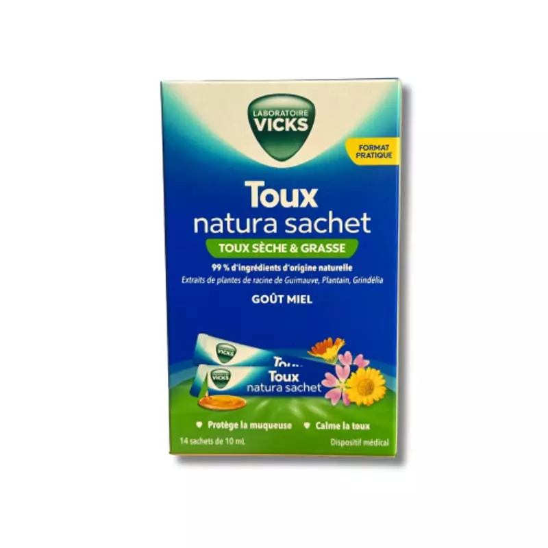 Vue de face de la boîte de sachets Vicks Toux Natura au miel, 14 x 10 ml, extraits végétaux et illus