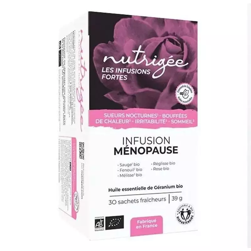 Boîte d'infusion bio Ménopause Nutrigée, 30 sachets, emballage floral rose orné d'une rose