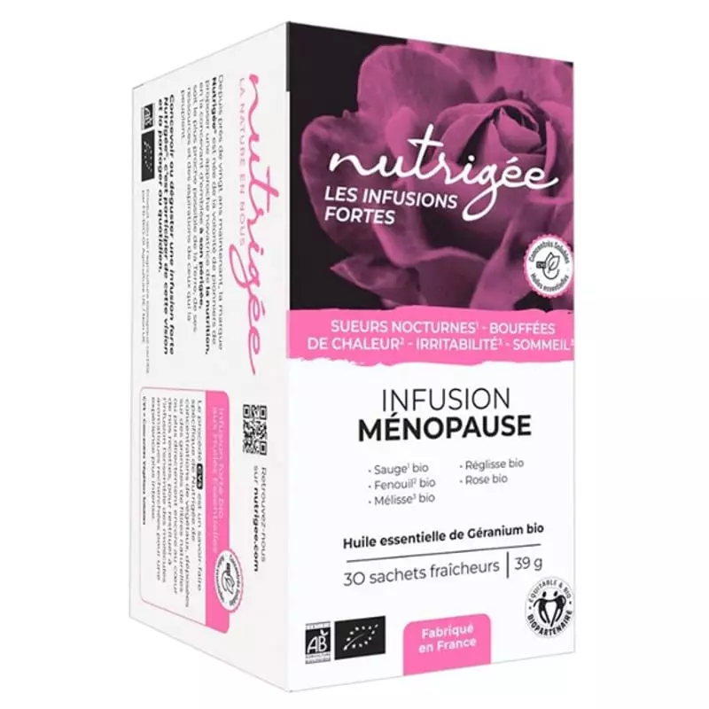 Packshot de l'infusion bio Nutrigée Ménopause, 30 sachets, pour un accompagnement naturel en douceur