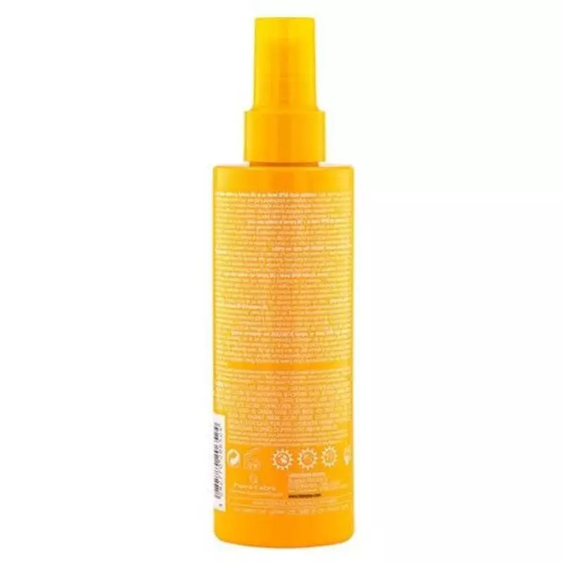 Vue arrière du spray solaire Klorane SPF50 avec liste des ingrédients et détails produit sur l'embal