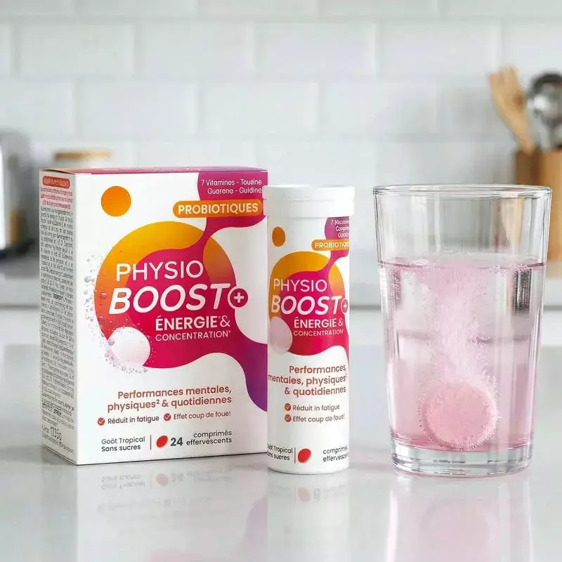Image d'ambiance montrant Immubio Physio Boost+ Énergie, comprimés effervescents pour booster énergi