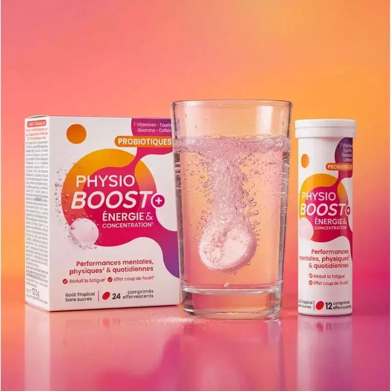 Immubio Physio Boost+ Énergie - 24 comprimés effervescents en ambiance lumineuse, tubes et verre d'e