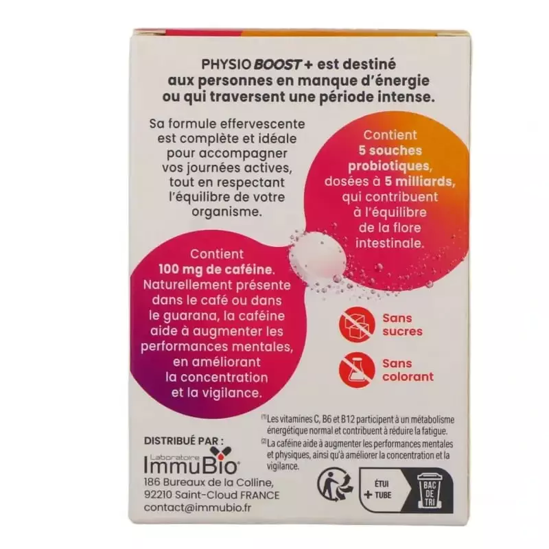 Détail du produit Immubio Physio Boost+ Énergie - 24 comprimés effervescents, boisson tropicale éner