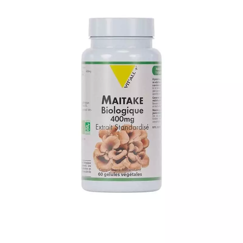 Flacon blanc Vitall+ de Maitaké Biologique 400mg extrait standardisé avec 60 gélules végétales