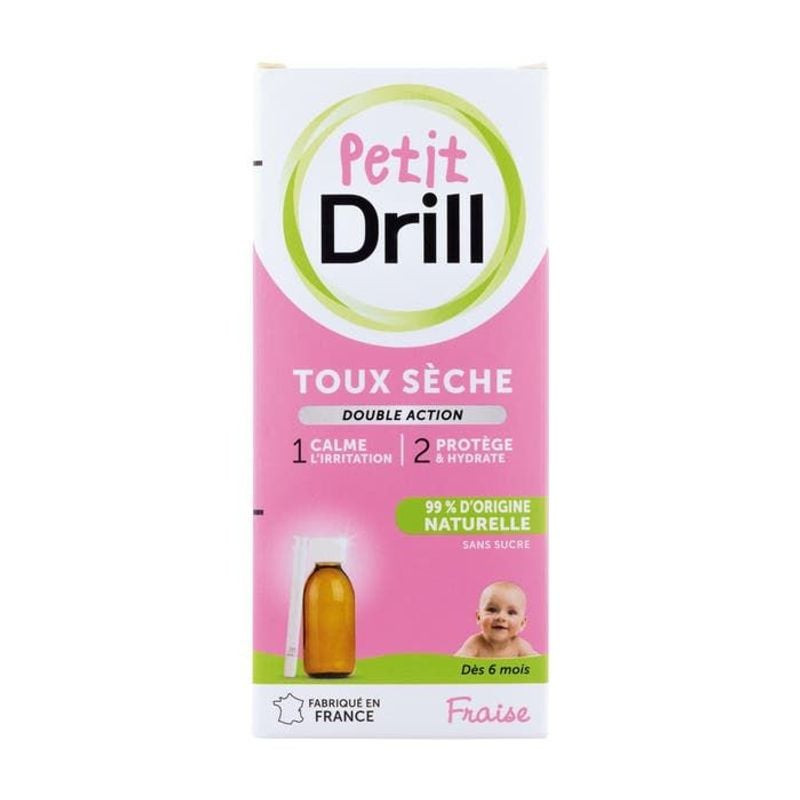 Boîte de sirop toux sèche Petit Drill à la fraise 125 ml pour nourrissons dès 6 mois, flacon ambré e