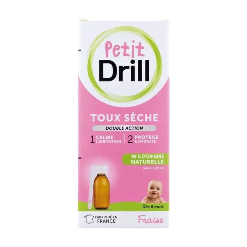 Boîte de sirop toux sèche Petit Drill à la fraise 125 ml pour nourrissons dès 6 mois, flacon ambré e