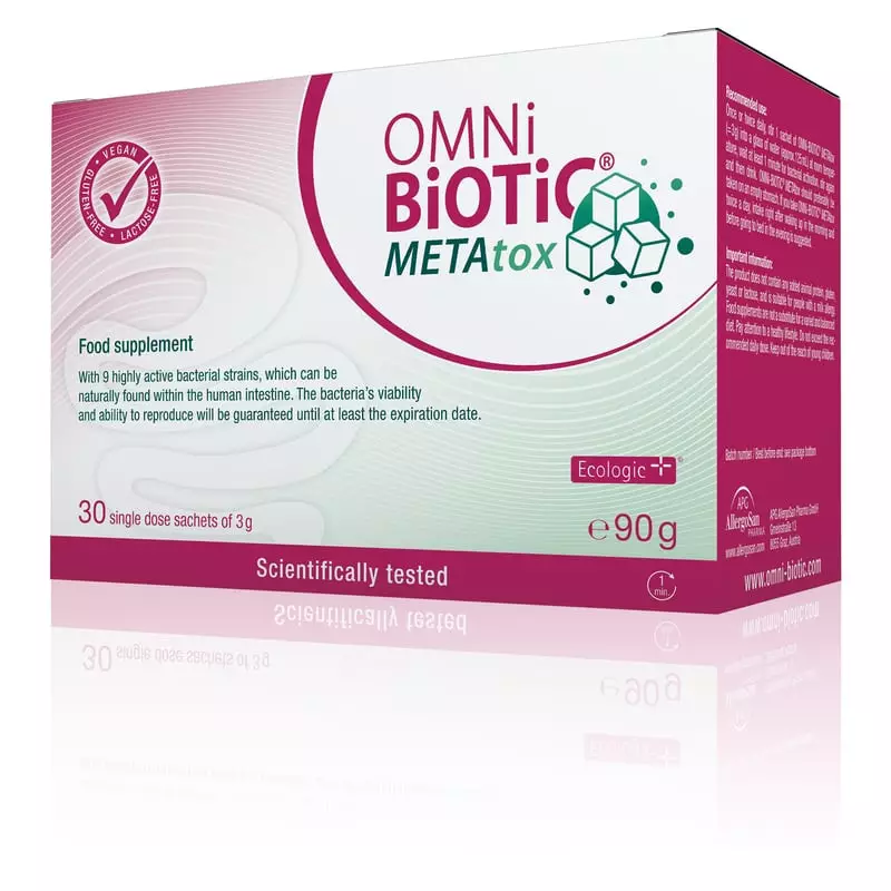 Packshot Omni-Biotic METAtox synbiotique métabolisme - 30 sachets 3 g, complément probiotique