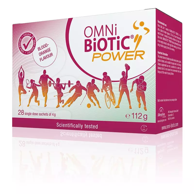 Boîte de poudre probiotique OMNi-BiOTiC POWER, 28 sachets de 4 g, arôme orange sanguine, silhouettes